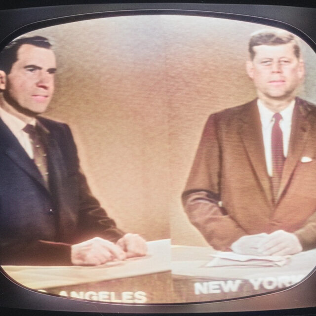Split screen TV image of the 1960 Kennedy-Nixon debate, Nixon in Los Angeles and Kennedy in New York.